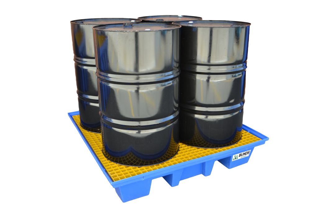 Polyethylene 4 drum bunded pallets for containing and storing drums.