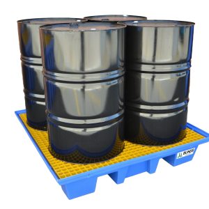 Polyethylene 4 drum bunded pallets for containing and storing drums.