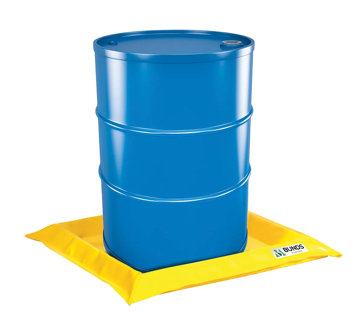 PVC Quickbund 2 Drum Collapsible Bunds & Wash Mats feature blue barrel on yellow pad for PVC Quickbund.