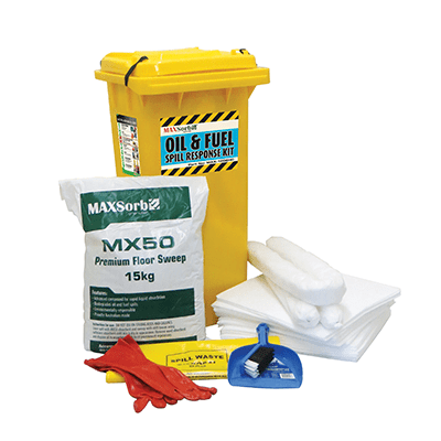 120L Oil and Fuel Spill Kit A yellow trash can accompanied by many gloves, intended for a 120L Oil and Fuel Spill Kit to assist in spill response.