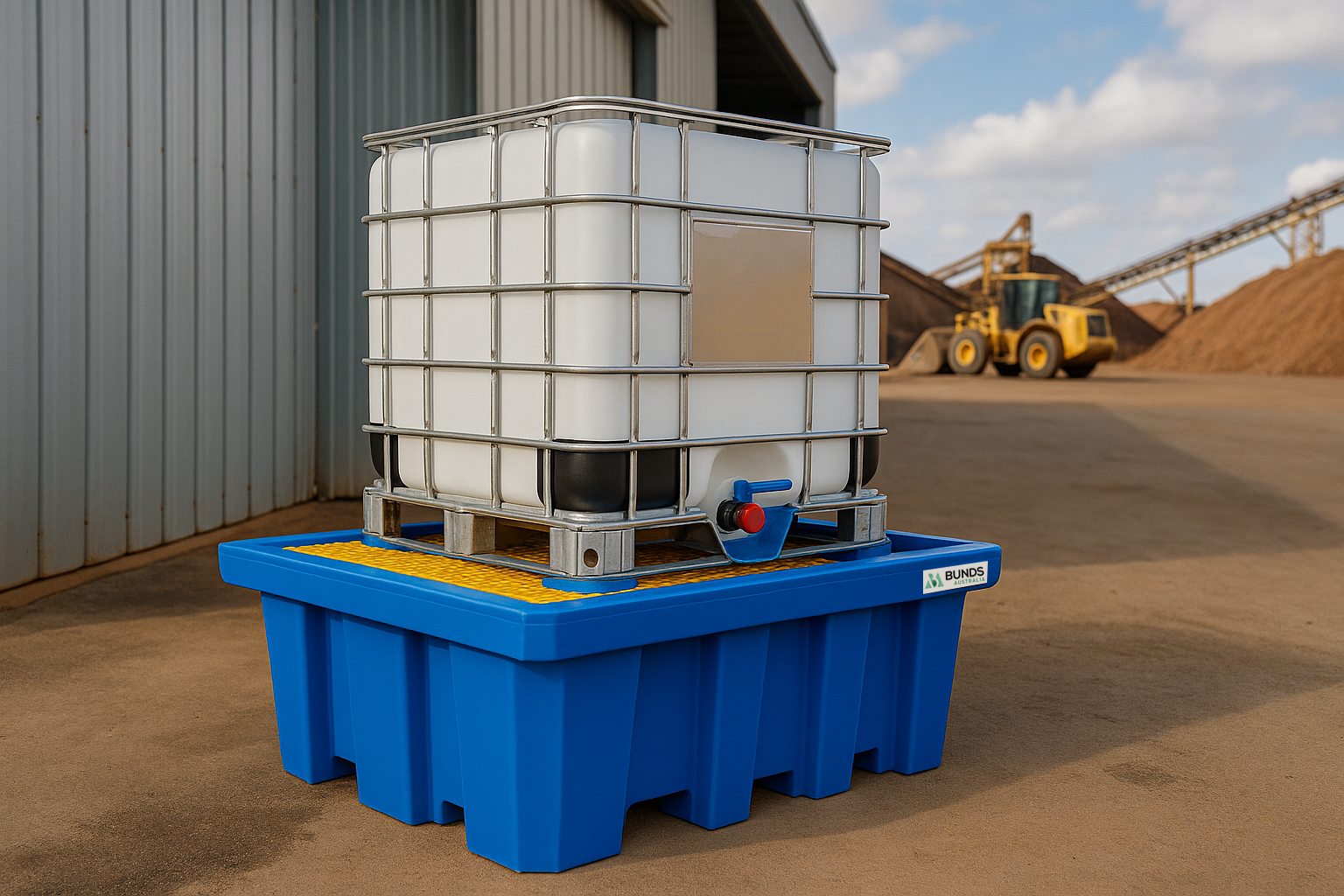 IBC spill containment pallet used for safe outdoor liquid storage at Bunds Australia.